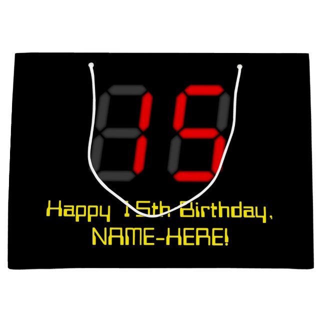 Bolsa De Regalo Grande 15º cumpleaños: Red Digital Clock Style "15" + Nom (Anverso)