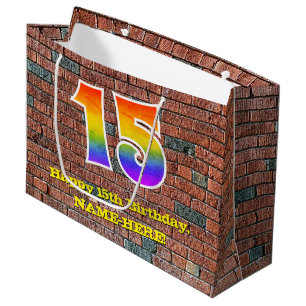 Bolsa De Regalo Grande 15 Aniversario del nacimiento: Arcoiris divertido,