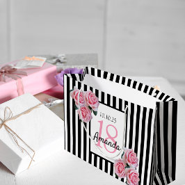 Bolsa De Regalo Grande 18 años flores rosadas rayas blancas negras
