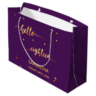 Bolsa De Regalo Grande 18 cumpleaños oro morado hola 18 nombre de guión
