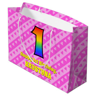 Bolsa De Regalo Grande 1.ᵉʳ cumpleaños: Rayas y corazones rosados, arcoir