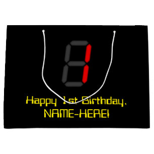 Bolsa De Regalo Grande 1.ᵉʳ Cumpleaños: Red Digital Clock Style "1" + Nom
