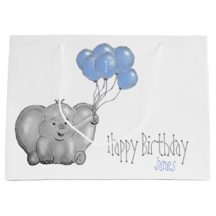 Bolsa De Regalo Grande 1r elefante del cumpleaños con el globo azul