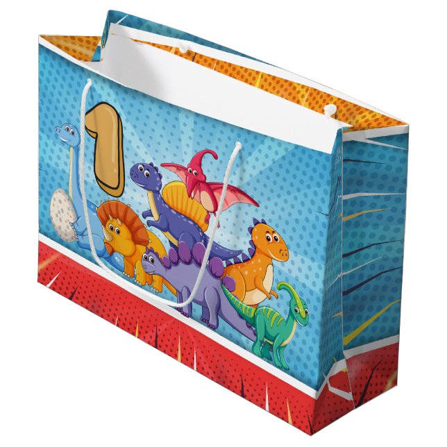 Bolsa De Regalo Grande 1r Fiesta del dinosaurio del cumpleaños (Angulo Anverso)
