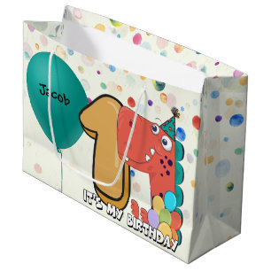 Bolsa De Regalo Grande 1r personalizado del dinosaurio del cumpleaños de