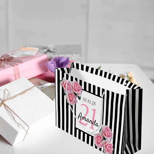 Bolsa De Regalo Grande 21 años rayas blancas rosadas florales (Subido por el creador)