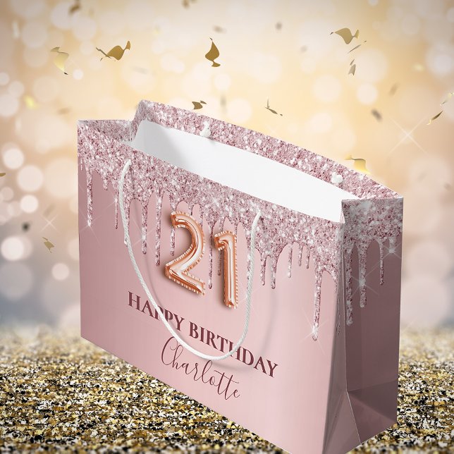 Bolsa De Regalo Grande 21 cumpleaños purpurina rosa rubor monograma (Subido por el creador)