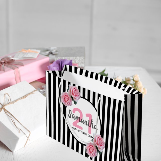 Bolsa De Regalo Grande 21 cumpleaños rayas negras rosas nombre (Subido por el creador)