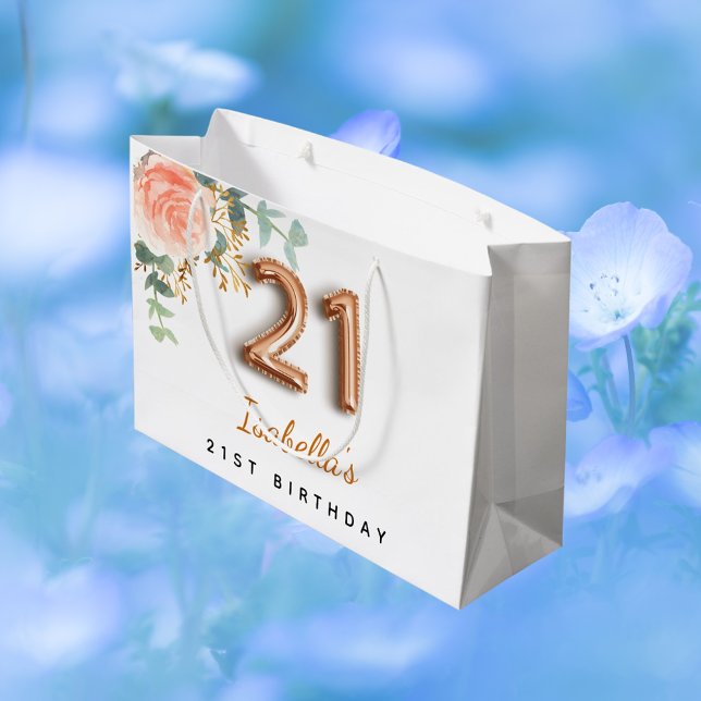 Bolsa De Regalo Grande 21 cumpleaños rosa floral oro eucalipto cumpleaños (Subido por el creador)