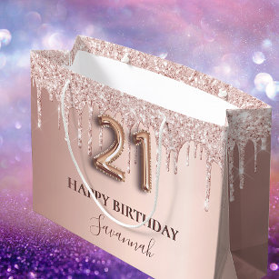 Bolsa De Regalo Grande 21 cumpleaños rosa purpurina oro estilo globo rosa