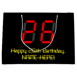 Bolsa De Regalo Grande 26º cumpleaños: Red Digital Clock Style "26" + Nom