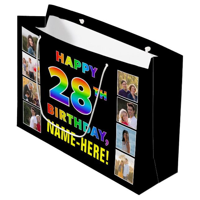 Bolsa De Regalo Grande 28 cumpleaños: texto arcoiris, fotos y nombre de P (Angulo Anverso)