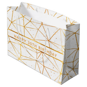Bolsa De Regalo Grande 30.º patrón geométrico de oro de cumpleaños blanco