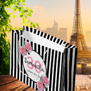 Bolsa De Regalo Grande 30 años rayas negras flores rosadas