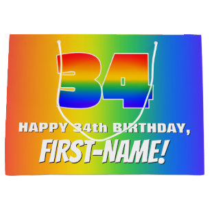Bolsa De Regalo Grande 34° cumpleaños: Colorido, divertido patrón arcoiri