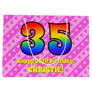 Bolsa De Regalo Grande 35º cumpleaños: Rayas y corazones rosas, arcoiris