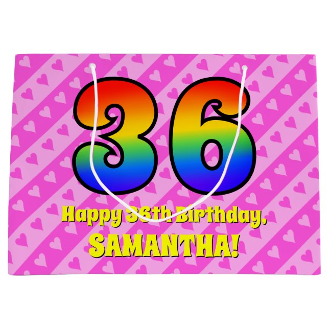 Bolsa De Regalo Grande 36º cumpleaños: Rayas y corazones rosados, arcoiri (Anverso)