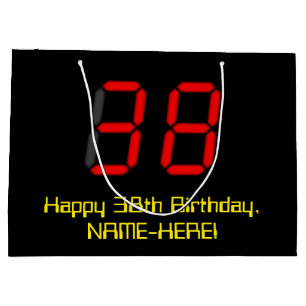 Bolsa De Regalo Grande 38º cumpleaños: Red Digital Clock Style "38" + Nom