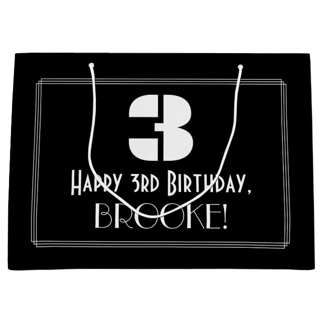 Bolsa De Regalo Grande 3 Cumpleaños ~ Art Decó Inspira Aspecto "3" + Nomb (Anverso)