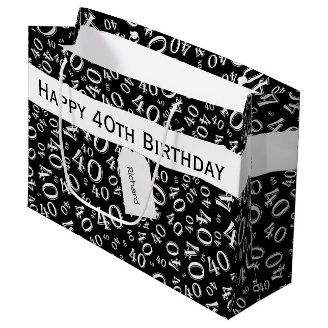 Bolsa De Regalo Grande 40.º patrón de número de cumpleaños negro/blanco 4 (Angulo Anverso)