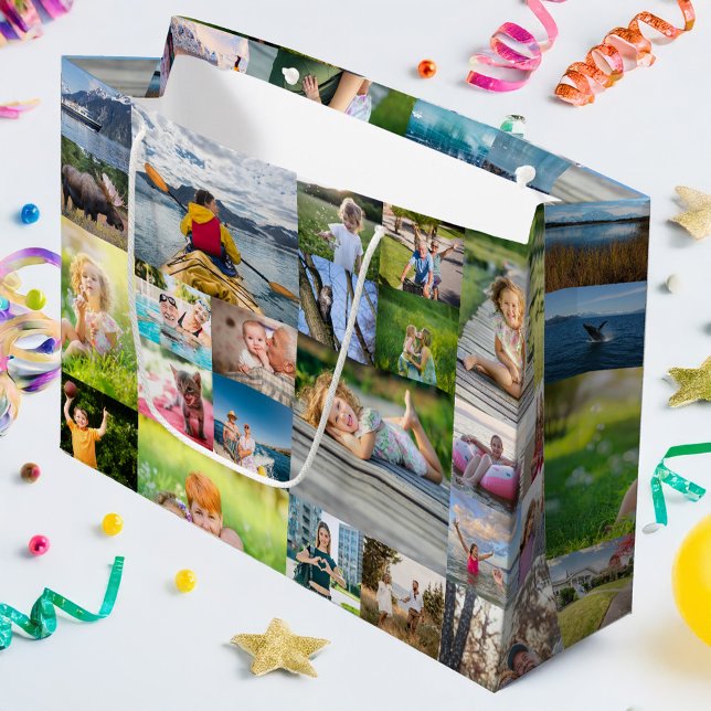 Bolsa De Regalo Grande 40 Collage de fotos horizontal (40 Horizontal Photo Collage Large Gift Bag)