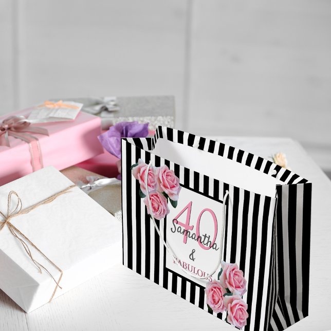 Bolsa De Regalo Grande 40 fabulosas rayas blancas negras de flores rosada (Subido por el creador)