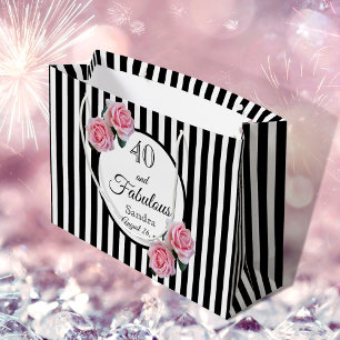 Bolsa De Regalo Grande 40 y fabulosas rayas negras de flores rosadas nomb