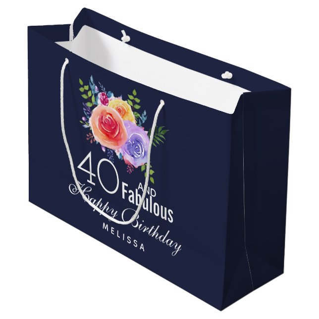 Bolsa De Regalo Grande 40 y texto fabuloso - acuarela Cumpleaños floral (Angulo Anverso)