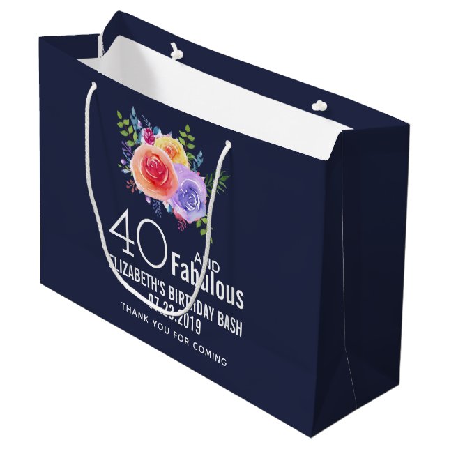 Bolsa De Regalo Grande 40 y texto fabuloso - acuarela Cumpleaños floral (Angulo Anverso)