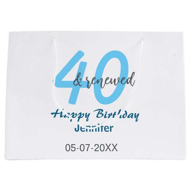 Bolsa De Regalo Grande 40th & renewed birthday name date blue bold number (Anverso)