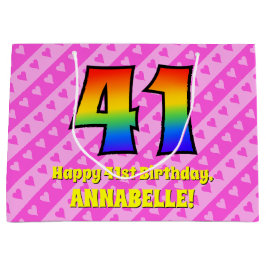 Bolsa De Regalo Grande 41° cumpleaños: Rayas y corazones rosados, arcoiri