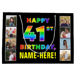 Bolsa De Regalo Grande 41 cumpleaños: texto arcoiris, fotos y nombre de P