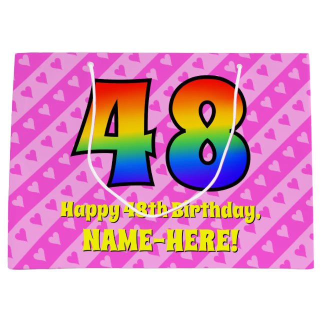 Bolsa De Regalo Grande 48º cumpleaños: Rayas y corazones rosados, arcoiri (Anverso)