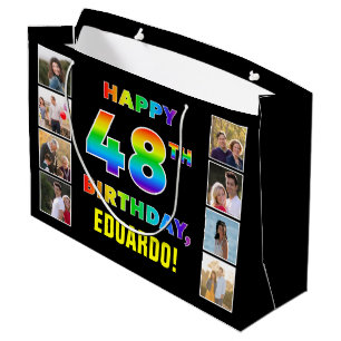 Bolsa De Regalo Grande 48º cumpleaños: texto arcoiris, fotos y nombre de