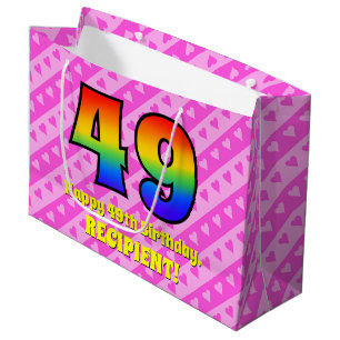 Bolsa De Regalo Grande 49º cumpleaños: Rayas y corazones rosados, arcoiri