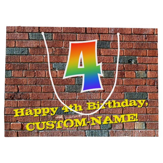 Bolsa De Regalo Grande 4.º cumpleaños: Arcoiris divertido, inspirado en e (Reverso)