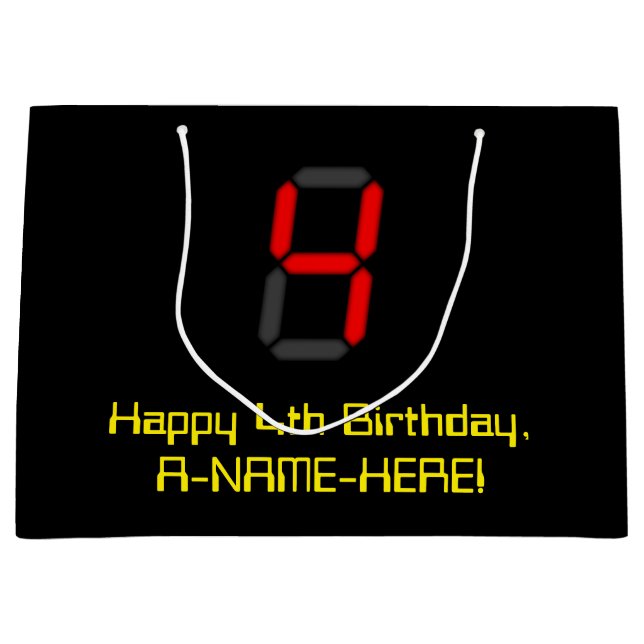 Bolsa De Regalo Grande 4.º cumpleaños: Red Digital Clock Style "4" + Nomb (Anverso)