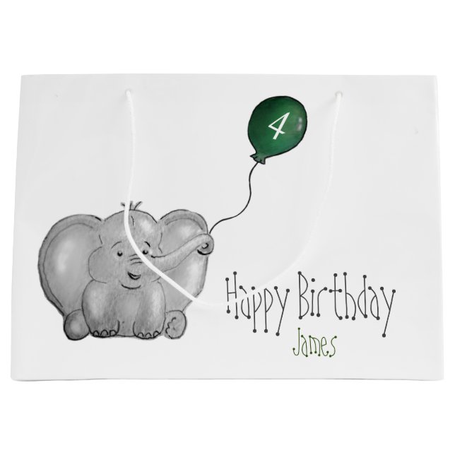 Bolsa De Regalo Grande 4.º elefante de cumpleaños con globo verde (Anverso)