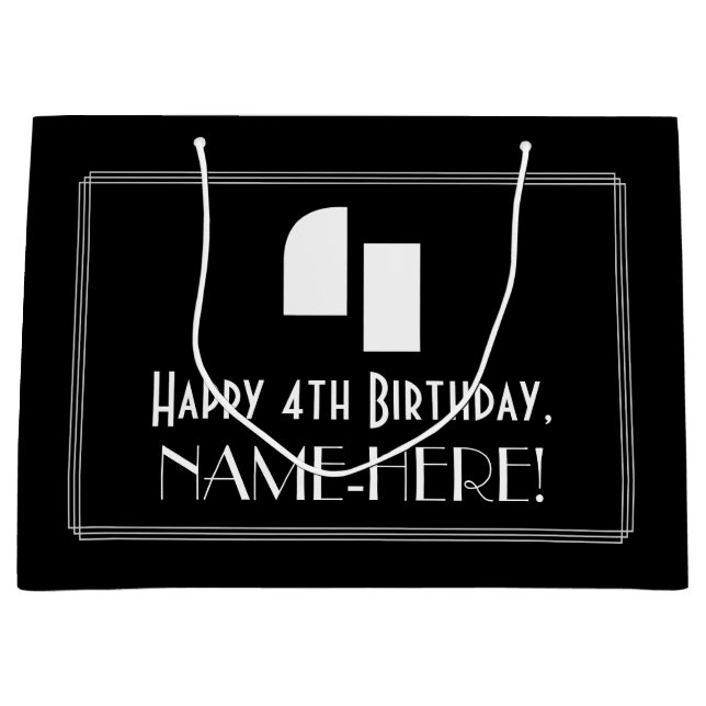 Bolsa De Regalo Grande 4 Cumpleaños ~ Art Decó Inspira Aspecto "4" + Nomb (Anverso)