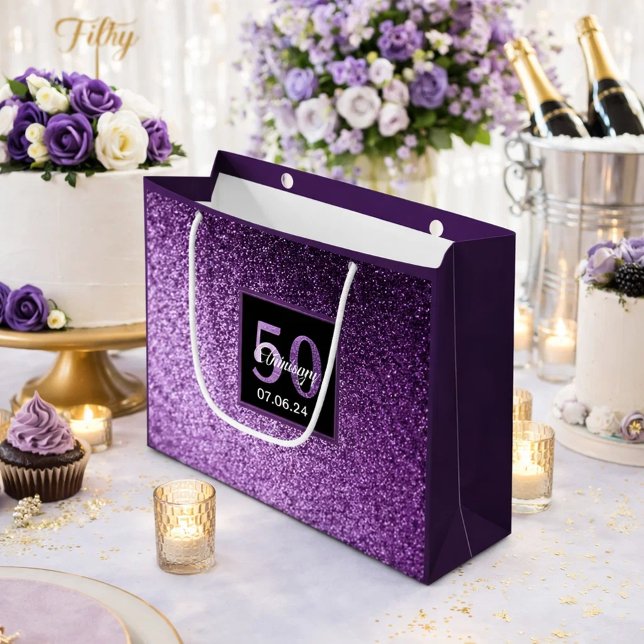 Bolsa De Regalo Grande 50.º cumpleaños 50 purpurina morado glam chica (Subido por el creador)