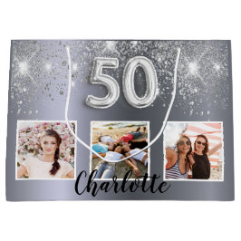 Bolsa De Regalo Grande 50.º monograma de foto de polvo de purpurina de pl