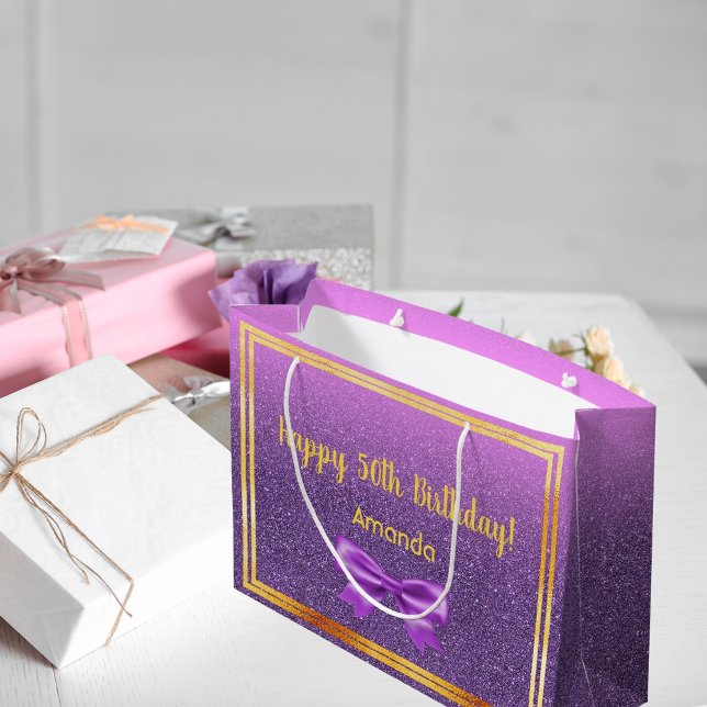 Bolsa De Regalo Grande 50.º nombre de monograma purpurina púrpura (Subido por el creador)
