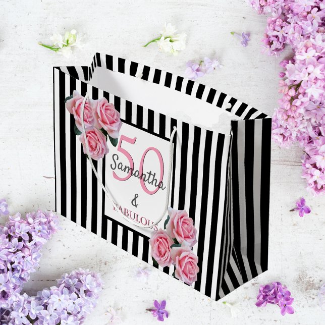 Bolsa De Regalo Grande 50 florales rosados fabulosos rayas blancas negras (Subido por el creador)