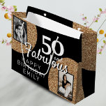 Bolsa De Regalo Grande 50 y Fabulous Gold Purpurina 2 Photo 50th Birthday<br><div class="desc">50 y Fabulous Gold Purpurina 2 Photo 50th Birthday Gift Bag. Purpurina de oro falso sobre negro con 2 fotos - puedes usar una foto vieja y una nueva. Añade tu nombre y edad y haz una elegante y elegante bolsa de regalo para la celebración de cumpleaños de un hito....</div>