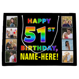 Bolsa De Regalo Grande 51° cumpleaños: texto arcoiris, fotos y nombre de 