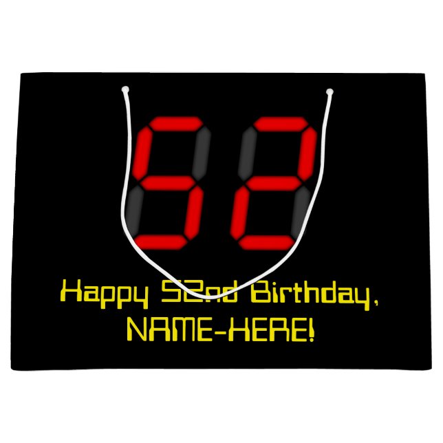 Bolsa De Regalo Grande 52º cumpleaños: Red Digital Clock Style "52" + Nom (Anverso)
