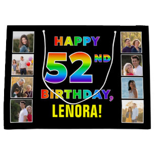 Bolsa De Regalo Grande 52º cumpleaños: texto arcoiris, fotos y nombre de 
