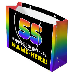 Bolsa De Regalo Grande 55º cumpleaños: arcoiris colorido # 55, nombre per