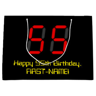 Bolsa De Regalo Grande 55º cumpleaños: Red Digital Clock Style "55" + Nom