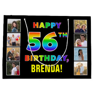 Bolsa De Regalo Grande 56º cumpleaños: texto arcoiris, fotos y nombre de 